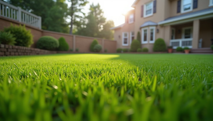 Eye-level view of a freshly mowed green lawn with clean edges in a suburban backyard