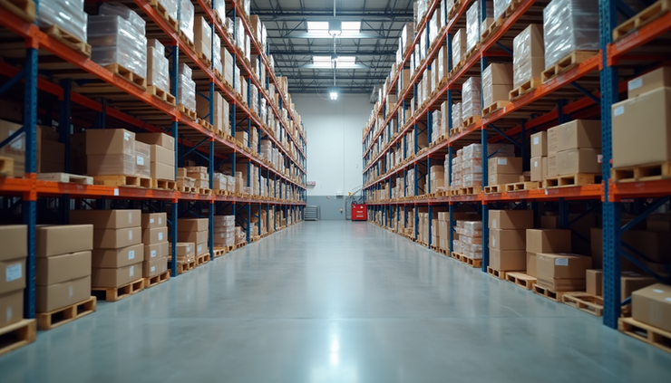 Eye-level view of a spacious Burnaby warehouse with organized shelves and pallets