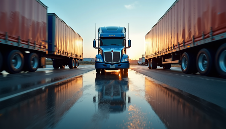 Eye-level view of a D-Trux semi-truck parked at a loading dock ready for interprovincial shipment