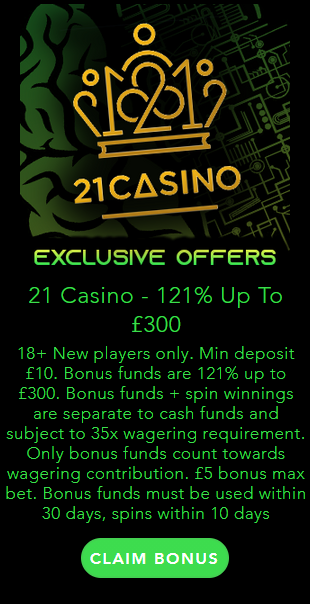 21 Casino 100% Match Welcome Deposit Bonus Offer