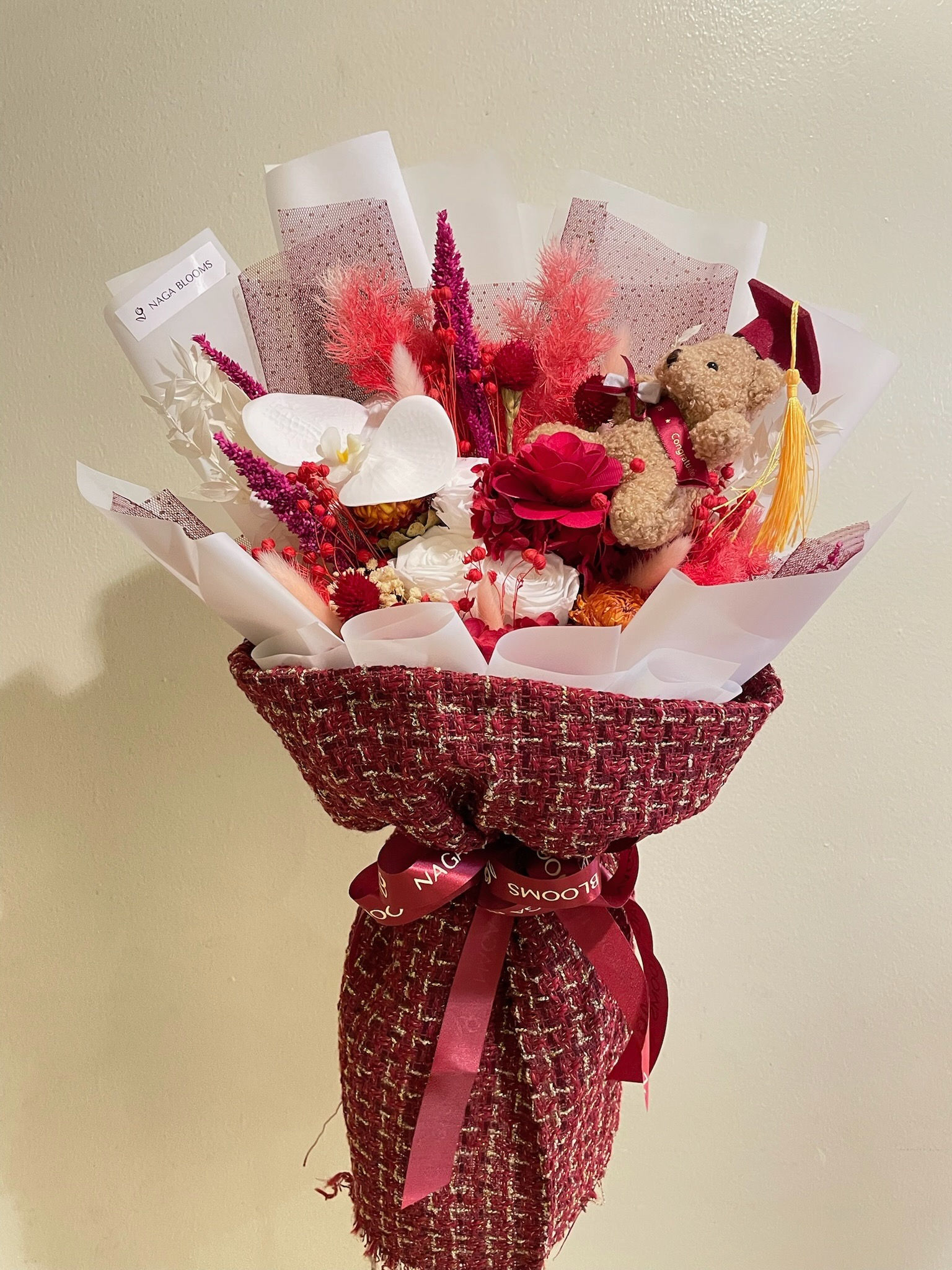 Preserved Roses Tweed Graduation Bear Bouquet
