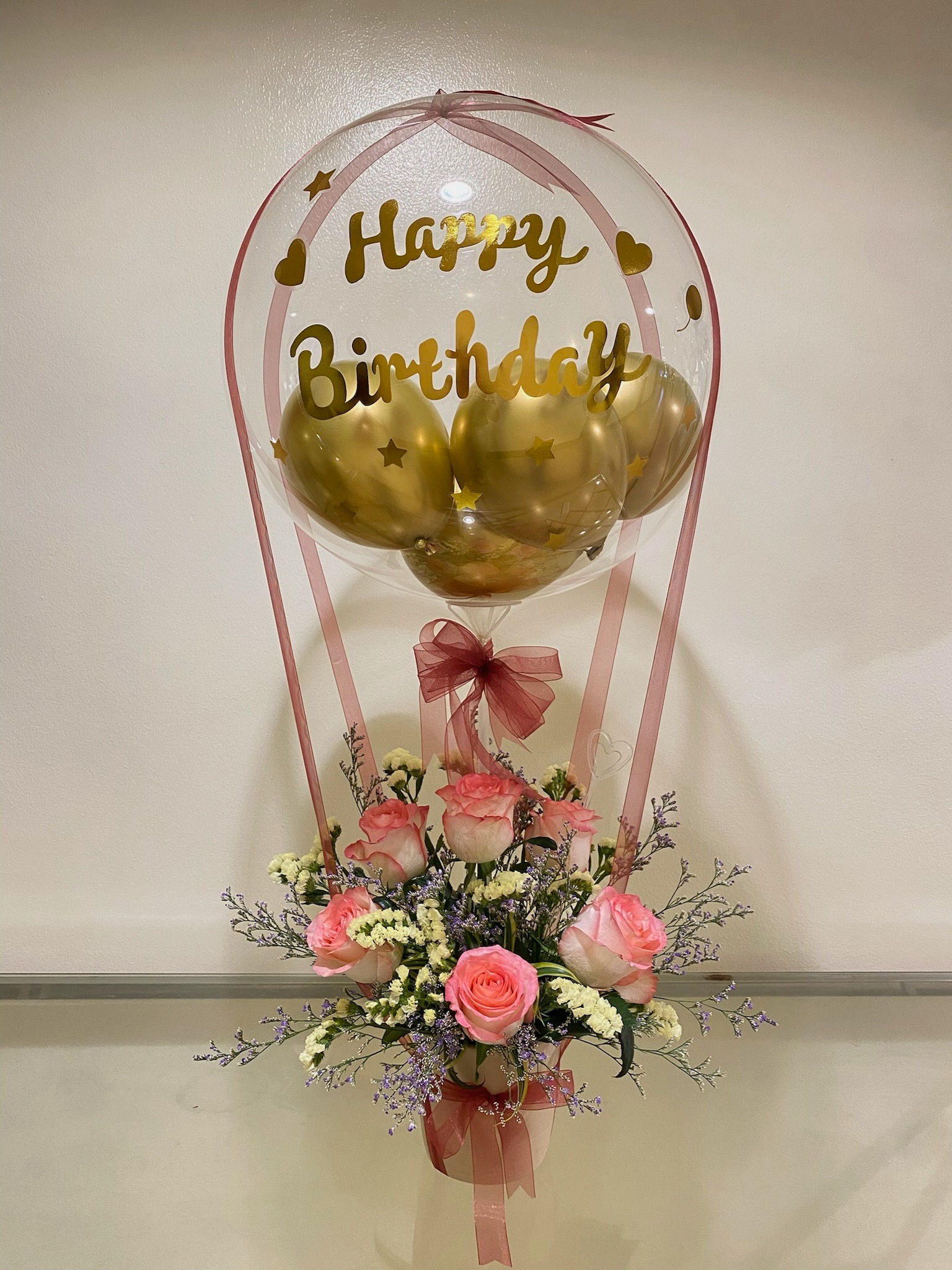 Premium Bubble Balloon with half dozen two-toned imported pink roses