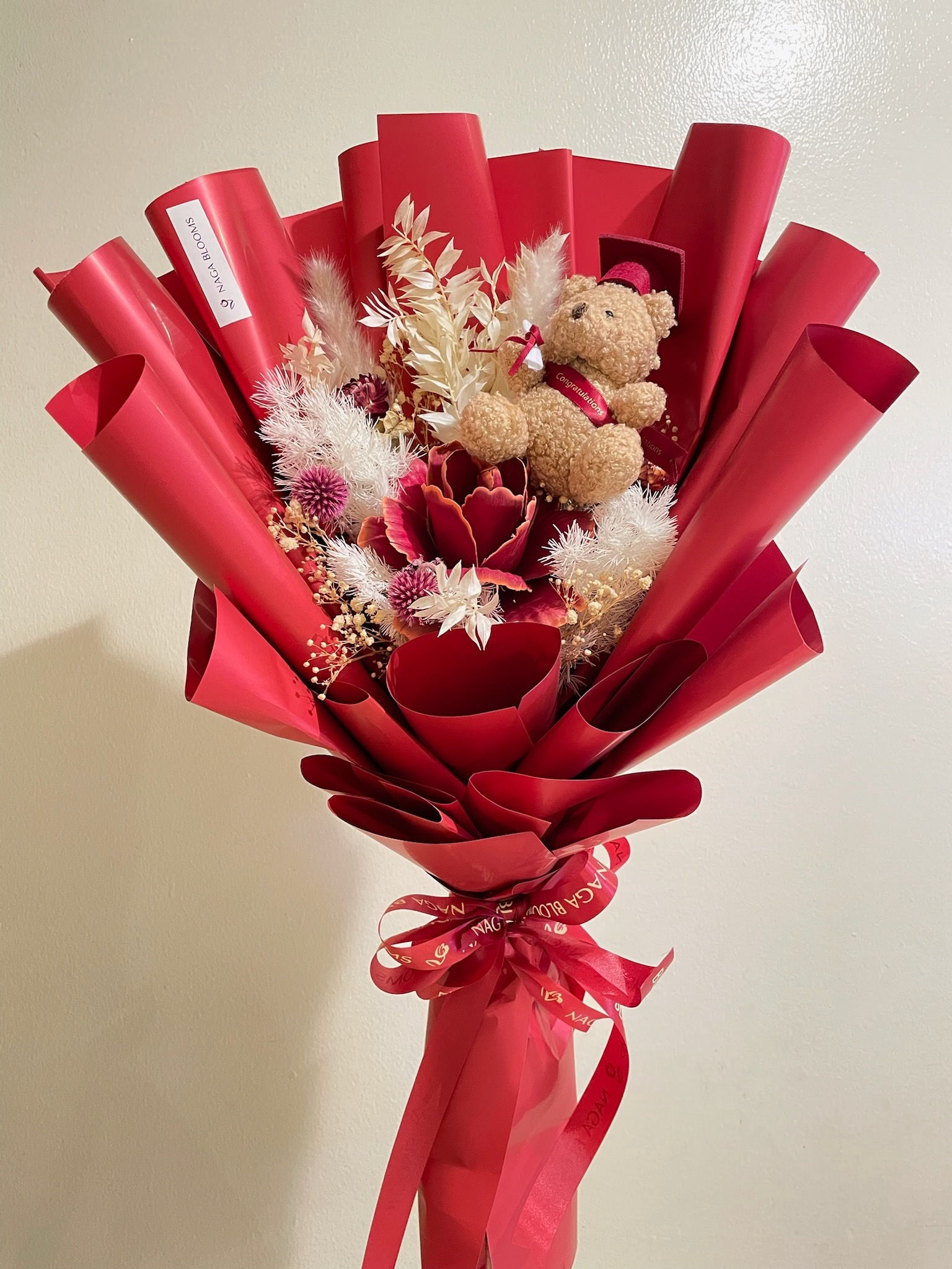 Maroon Peony Graduation Bear Dried Flower Bouquet