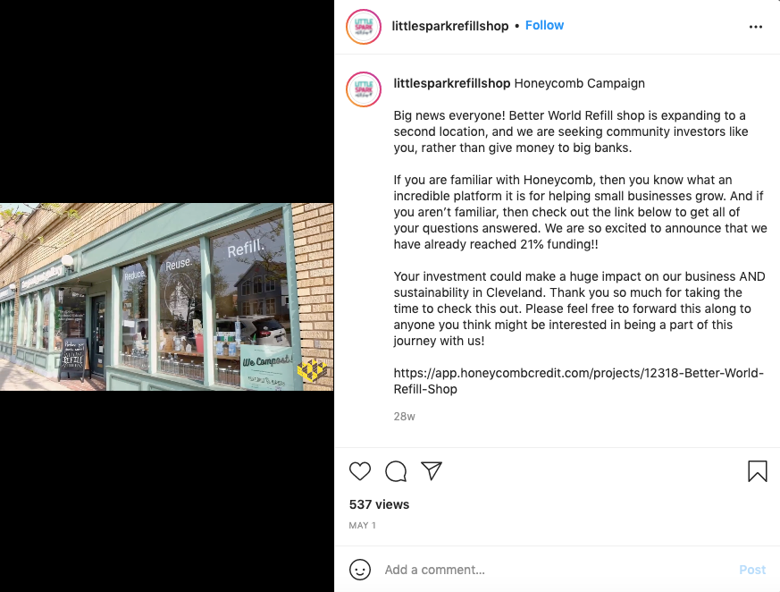 screen shot of an instagram post from Little Spark Refill Shop