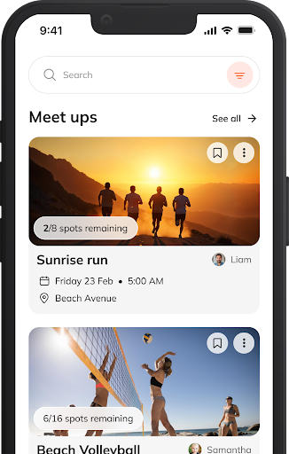 BeActiv app screen displaying a list of nearby social sports and fitness events available to join.