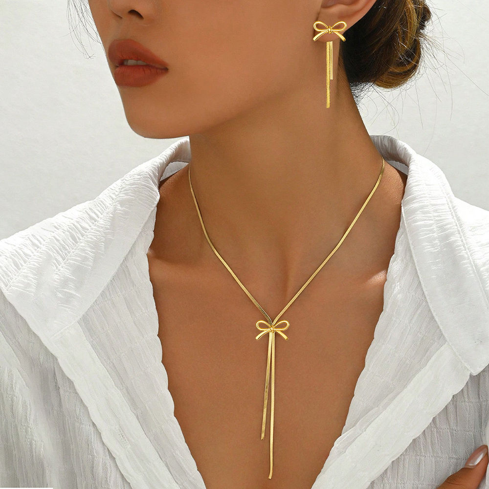 DGIDDK Stainless Steel Necklace French Atmosphere Delicate Bow Tassel Collar Cha