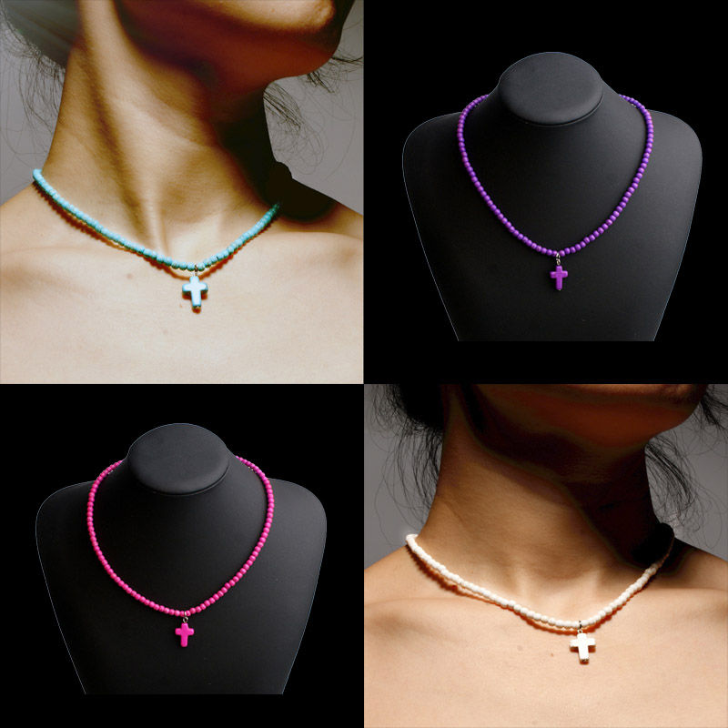 Noter Women Bohemian Necklace 16 Inch Choker Collar 4mm Stone Beads Cross Colar