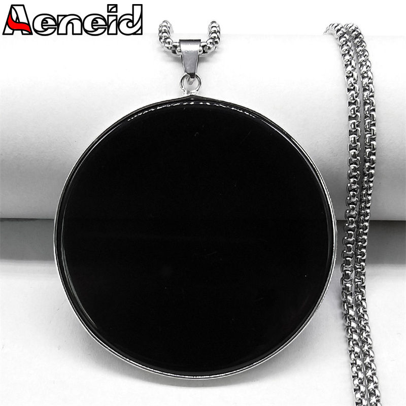 Fashion Big Black Obsidian Necklace Stainless Steel Natural Stone Lucky Pendant