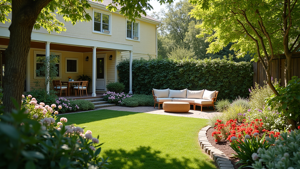 Wide angle view of a transformed backyard with colorful flowers and a seating area