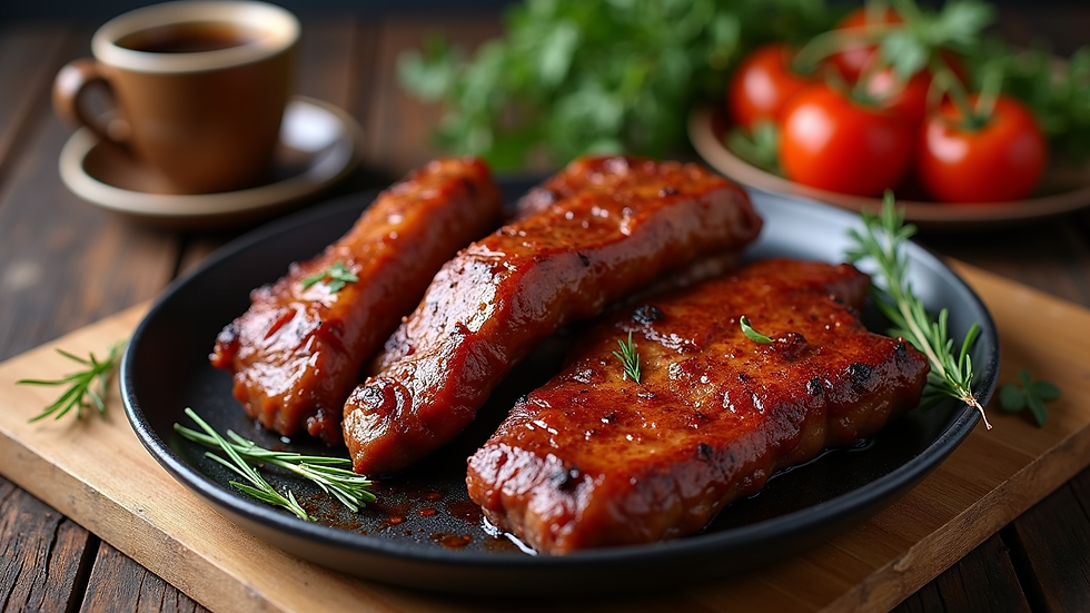 High angle view of a BBQ platter with various smoked meats and a cup of coffee on the side