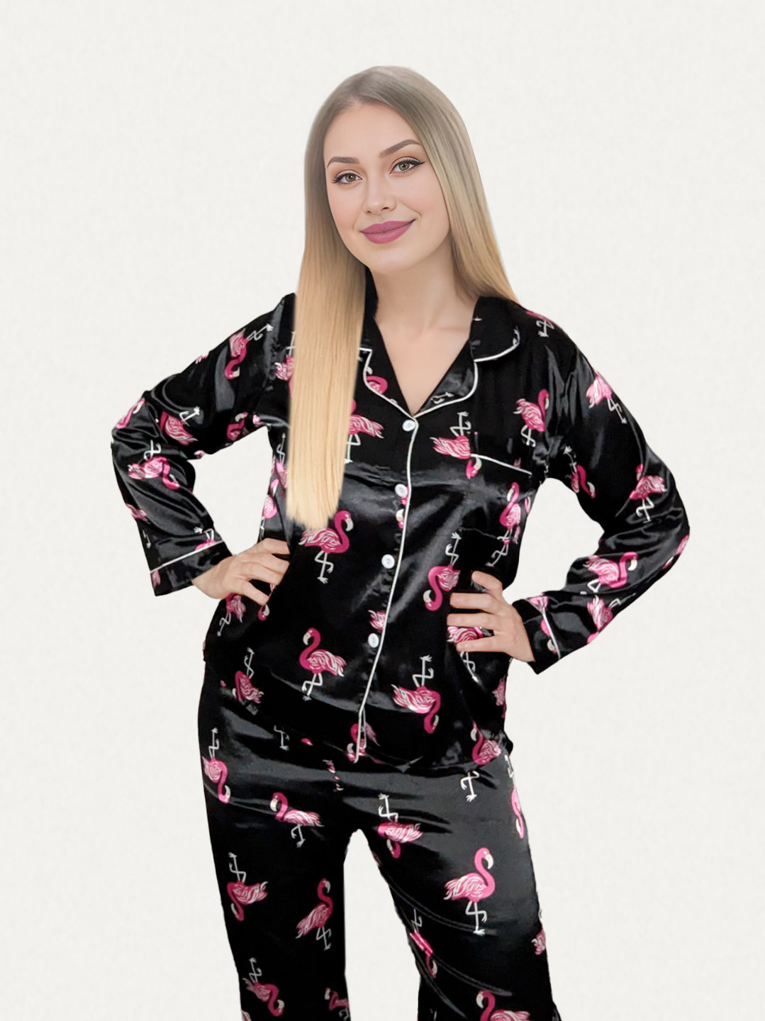 Black Flamingo Satin Pyjama Set