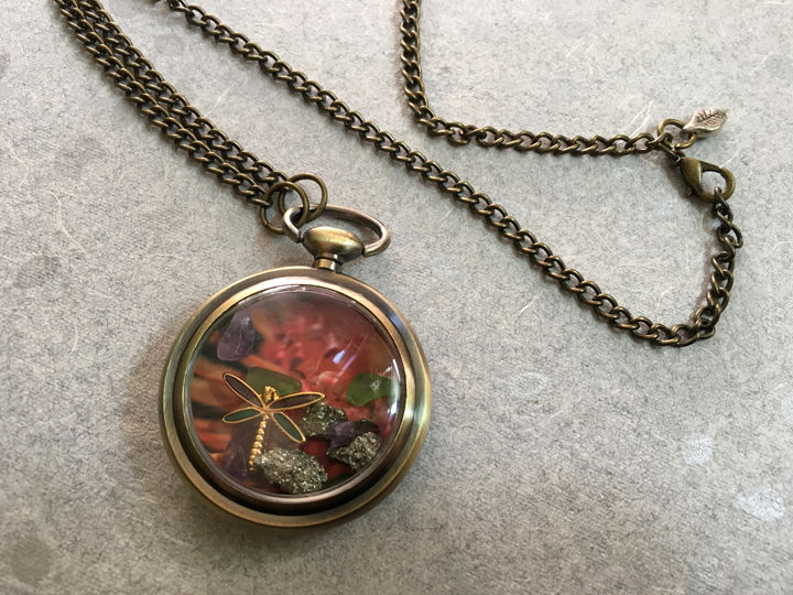 Thumbnail: Pocket Watch Curio Necklace: Dragonfly, Pincushion, & Stone (006)