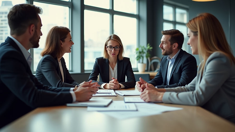 Eye-level view of a business team discussing strategy around a table