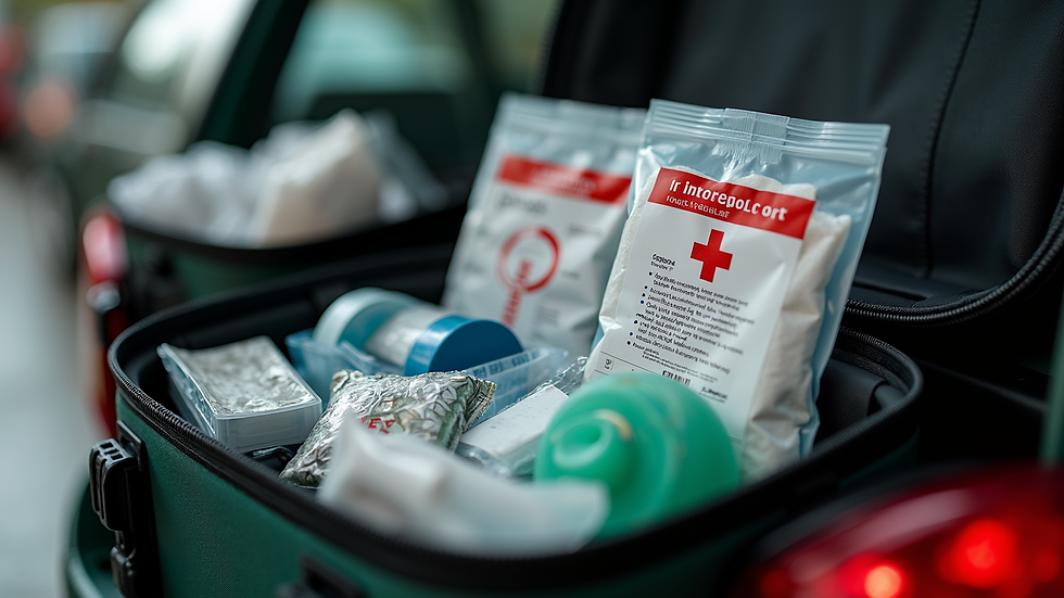 Close-up view of a well-stocked emergency kit with medical supplies