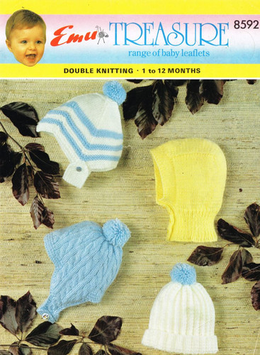 Emu 8592 baby hats helmets bonnet vintage knitting pattern PDF