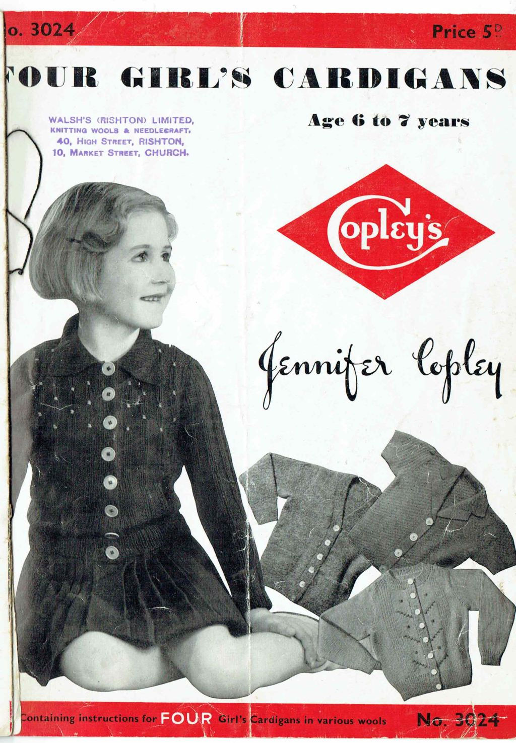 Copley 3024 girls cardigan vintage knitting pattern PDF