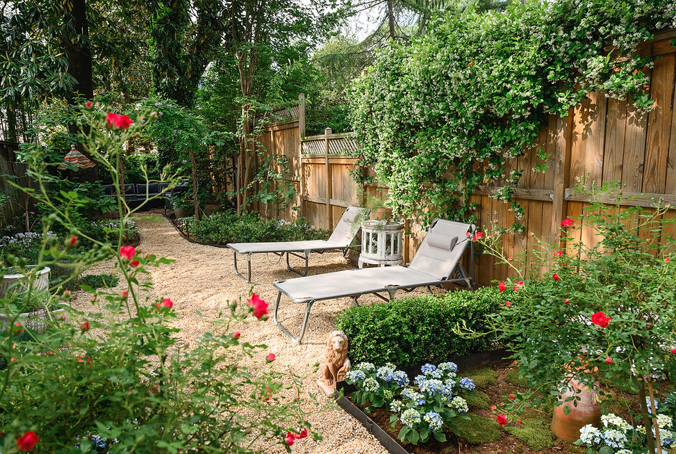 garden wih pea gravel, chaises, hydrangeas, roses, jasmine and statuary
