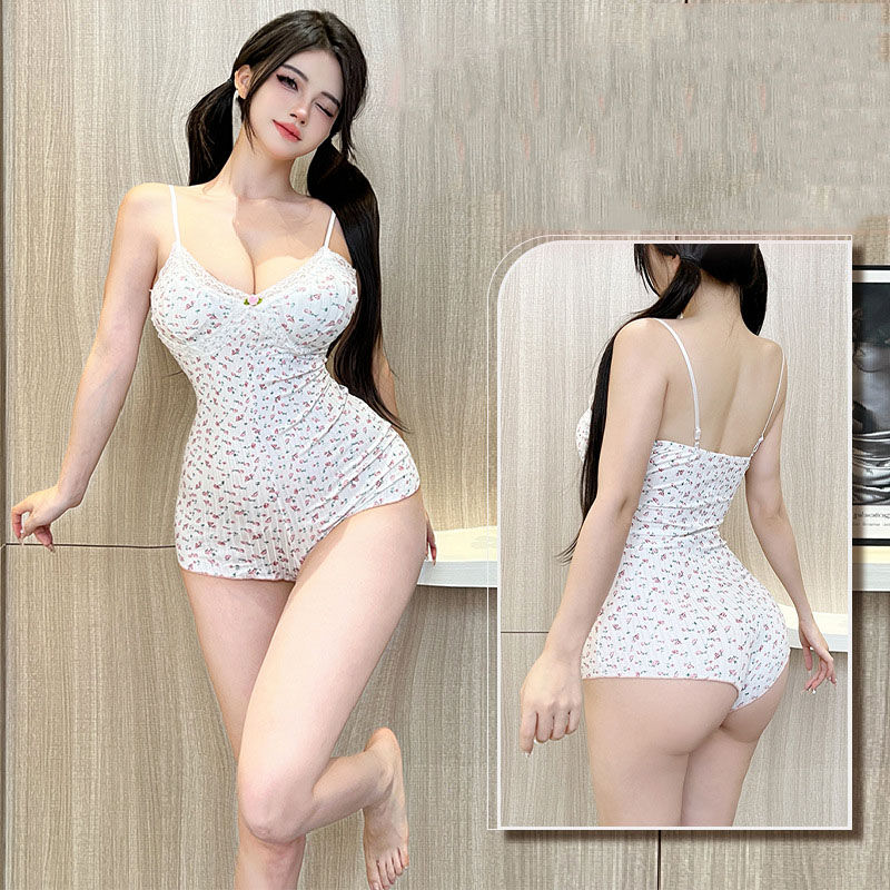Women Sexy  Floral Print Bodysuit Lace Trim Sleeveless Slim Fit Leotard Summer J
