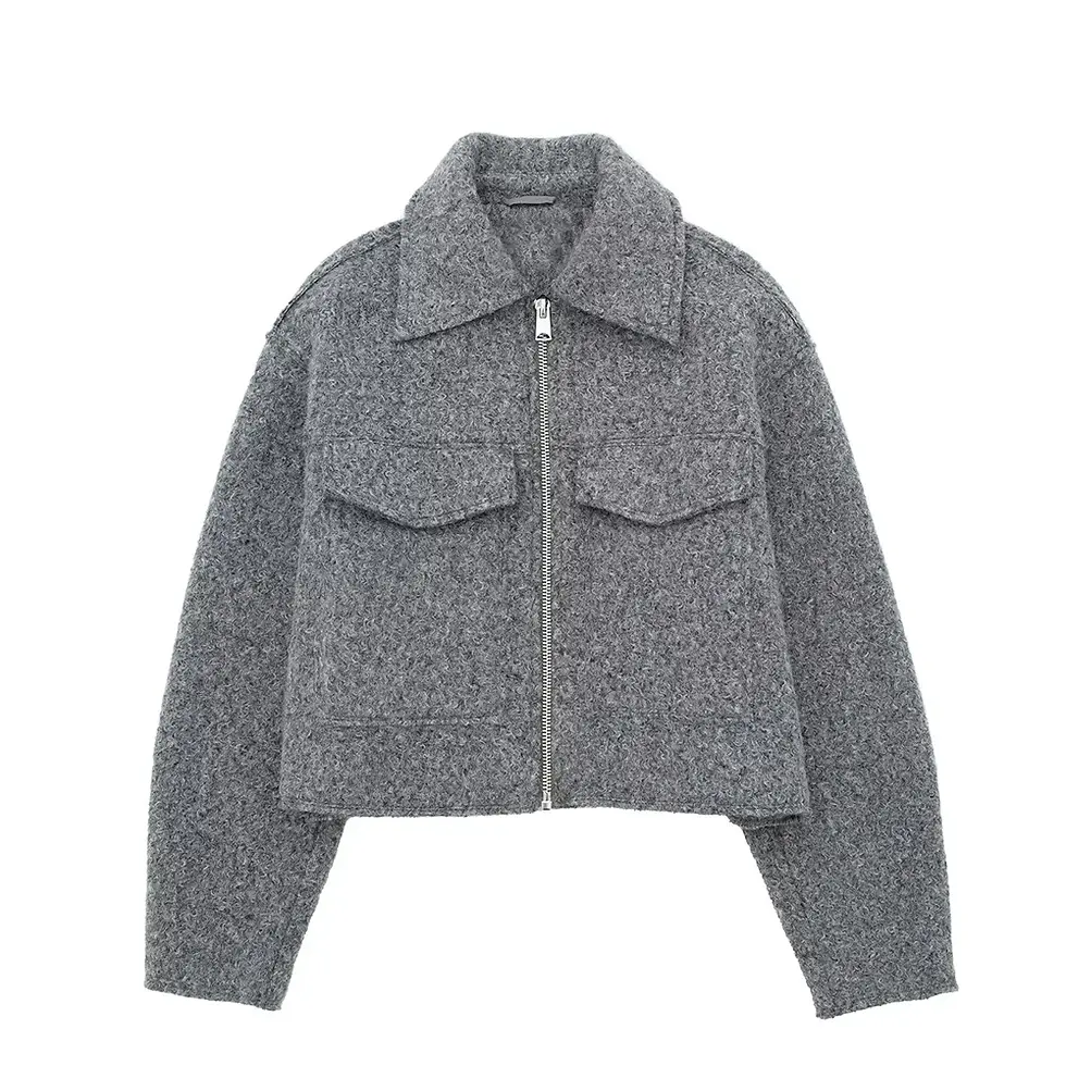 Thumbnail: Willshela Women Fashion With Pockets Grey Front Zipper Jackets Vintage Lapel Nec