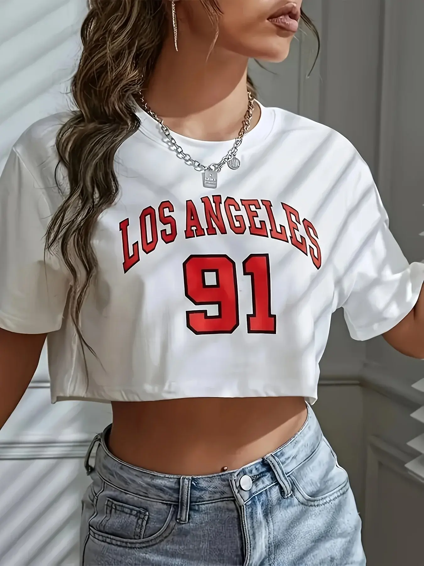 Los Angeles Number 91 Graphic Round Neck Sports Crop T-shirt Crew Neck Casual Ru