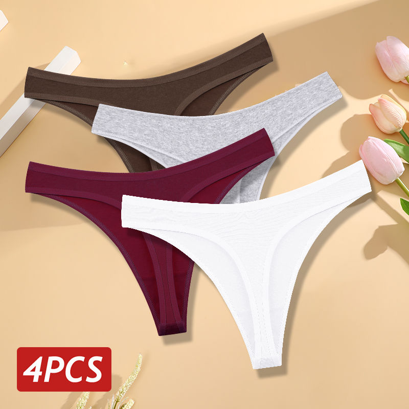 Miniatura: 4PCS/Set Women Cotton Panties Seamless Low Rise Thongs V-Waist Solid Color Breat