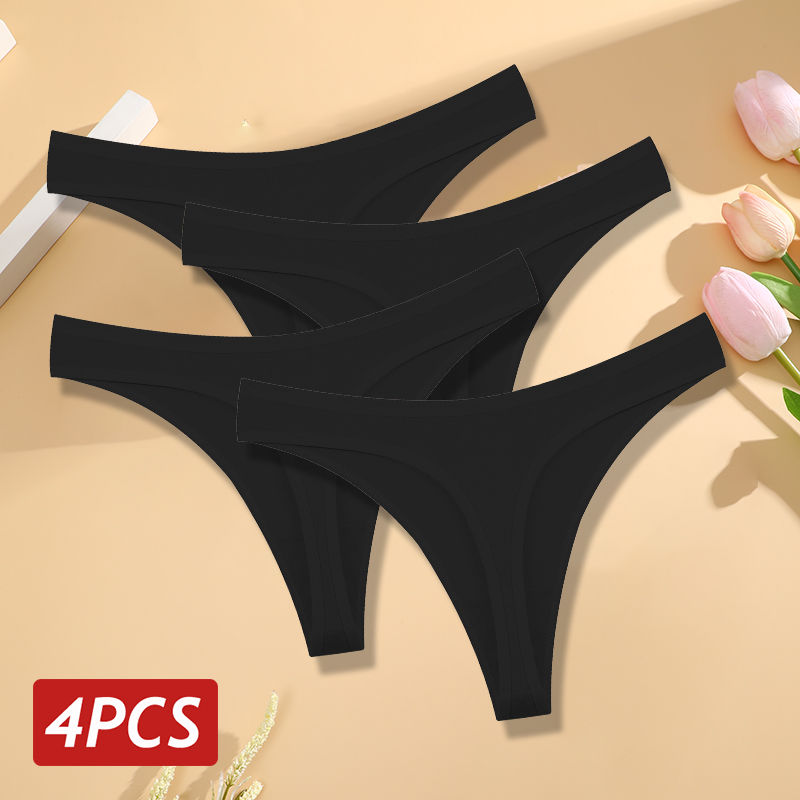 Miniatura: 4PCS/Set Women Cotton Panties Seamless Low Rise Thongs V-Waist Solid Color Breat