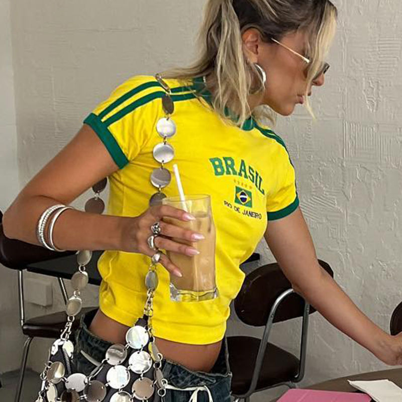 Thumbnail: 2023 Summer T-shirt For Women Brazil Letter Aesthetic 90's Crop Tops Casual Shor