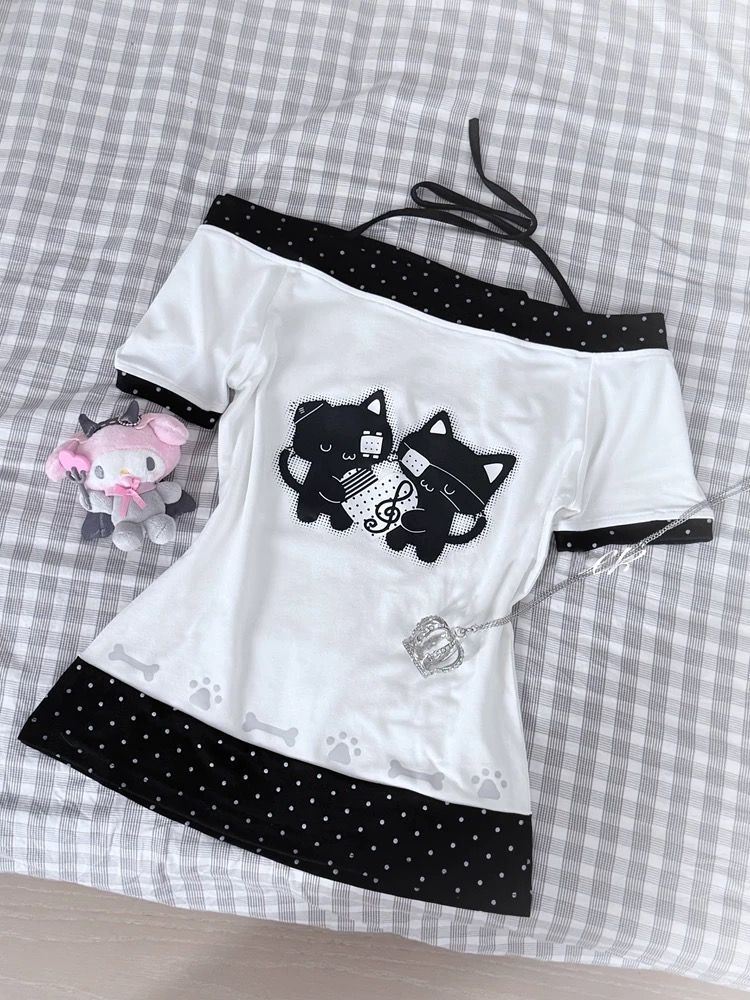 Thumbnail: Trendy Cute Polka Dot ort Sve Waist Cinched Belted Fake Two-Piece Bow Tie One-ou