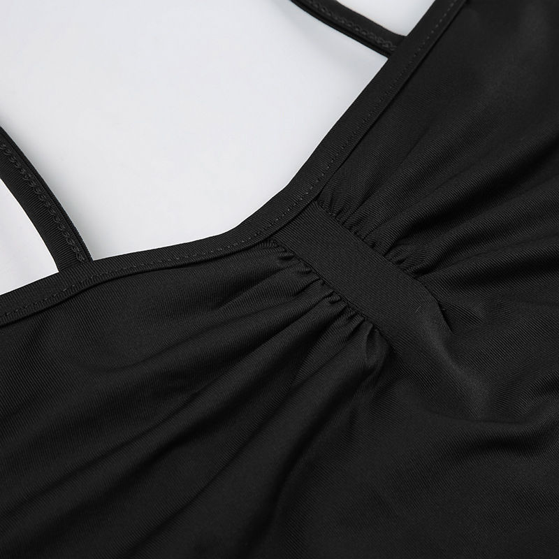 Miniatura: Sweetown Women's Sleeveless Skinny Shirring Bodysuit Black Spaghetti Strap Solid