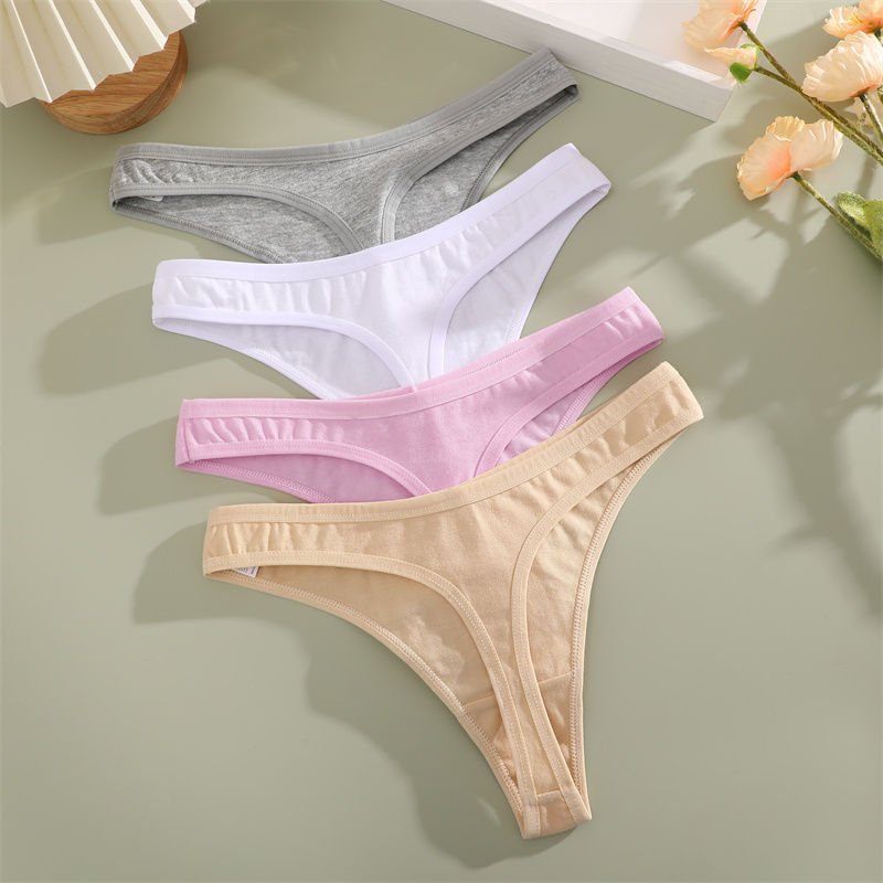 Miniatura: 4PCS/Set Women Cotton Panties Seamless Low Rise Thongs V-Waist Solid Color Breat