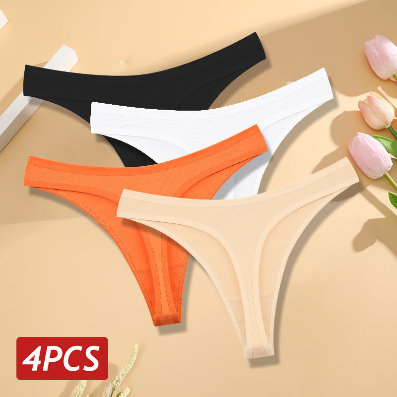Miniatura: 4PCS/Set Women Cotton Panties Seamless Low Rise Thongs V-Waist Solid Color Breat