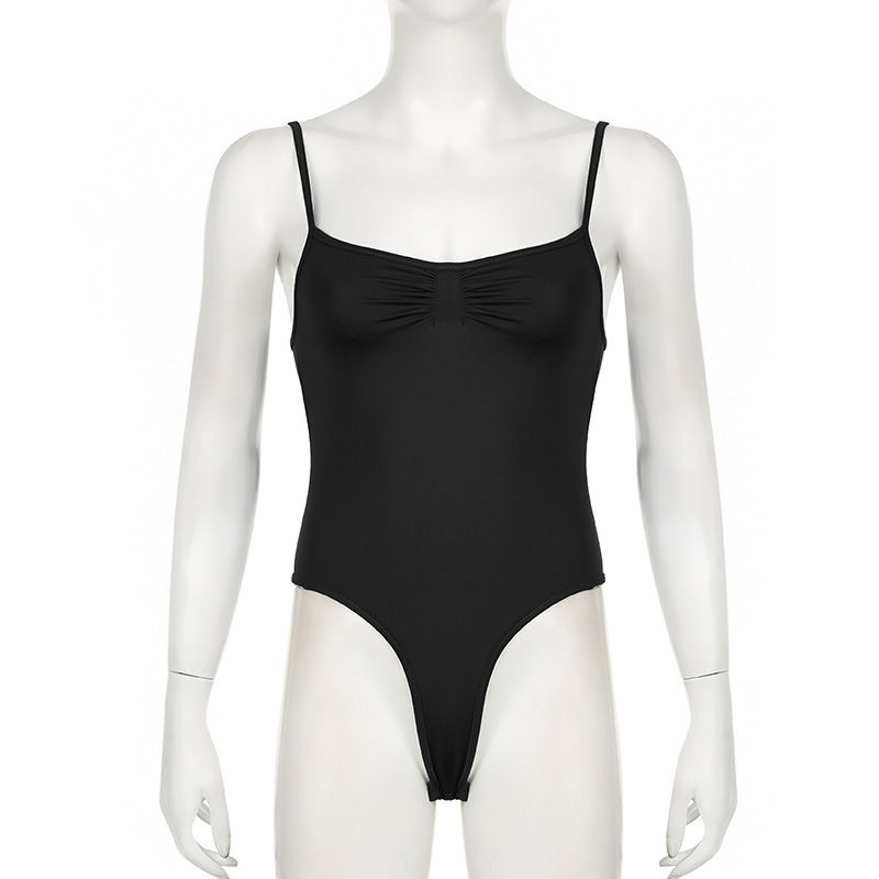 Miniatura: Sweetown Women's Sleeveless Skinny Shirring Bodysuit Black Spaghetti Strap Solid
