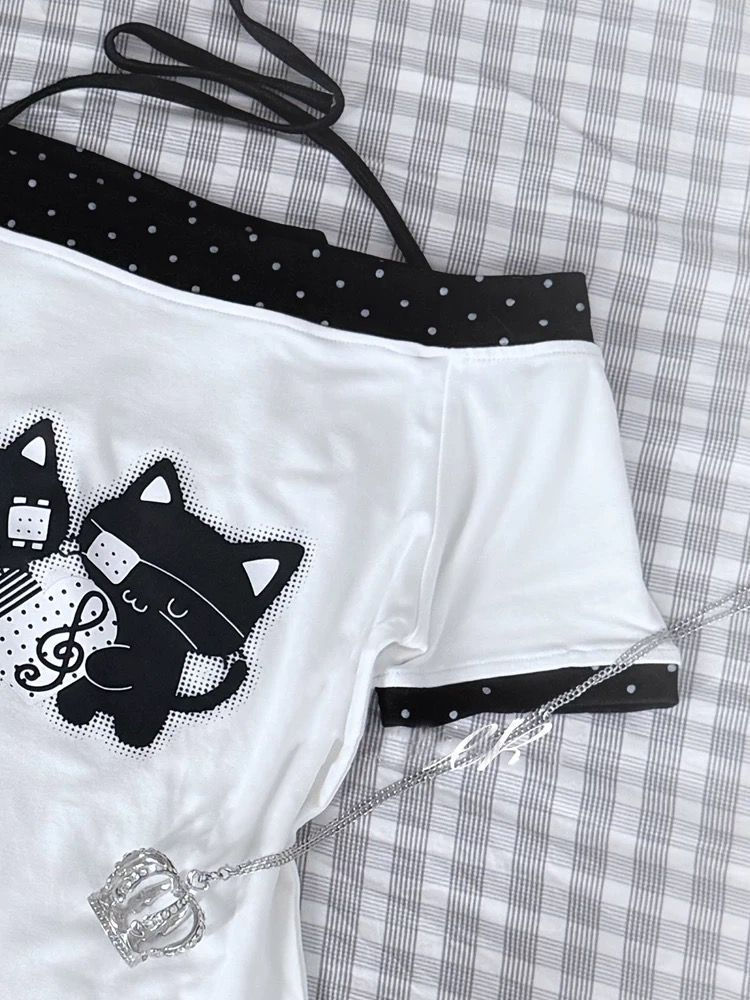 Thumbnail: Trendy Cute Polka Dot ort Sve Waist Cinched Belted Fake Two-Piece Bow Tie One-ou