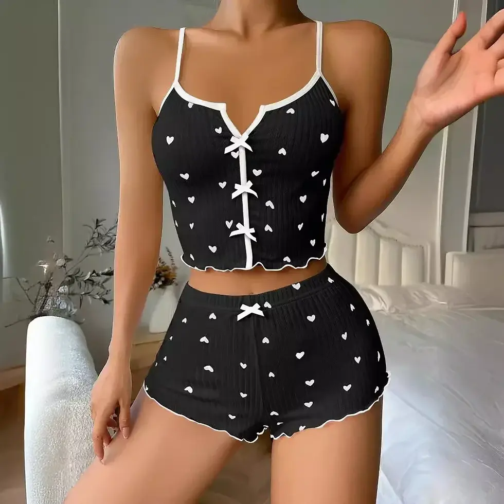 Miniatura: Sleepwear Women Pajamas Set Heart Print Soft Ribbed Fabric with Flirty Frill Tri