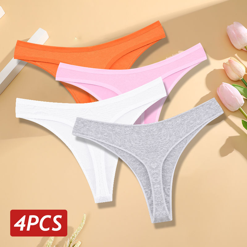Miniatura: 4PCS/Set Women Cotton Panties Seamless Low Rise Thongs V-Waist Solid Color Breat
