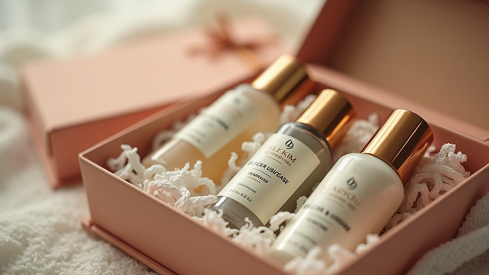Close-up view of a personalized gift box with scented self-care products