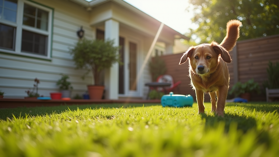 Eye-level view of a clean and well-maintained backyard with a view of pet toys