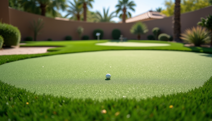 Eye-level view of a clean, vibrant artificial putting green in a Phoenix backyard