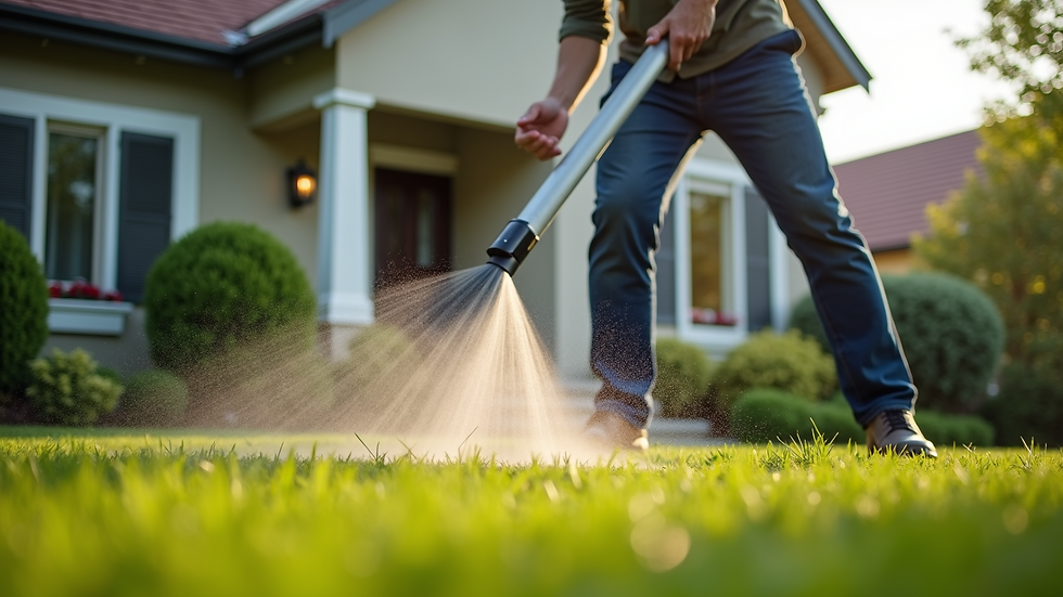 High angle view of a professional cleaning a residential yard