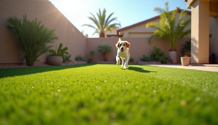 Eye-level view of clean artificial turf in a Phoenix backyard with a dog playing