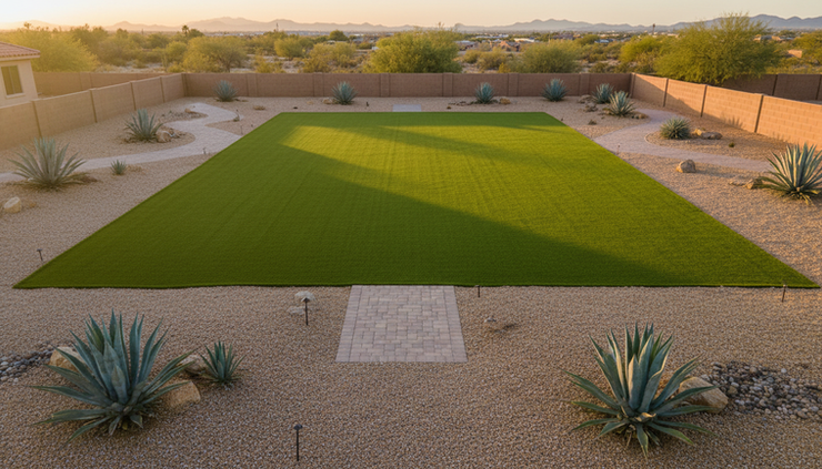 Overhead view of a freshly cleaned artificial turf yard with desert landscaping.