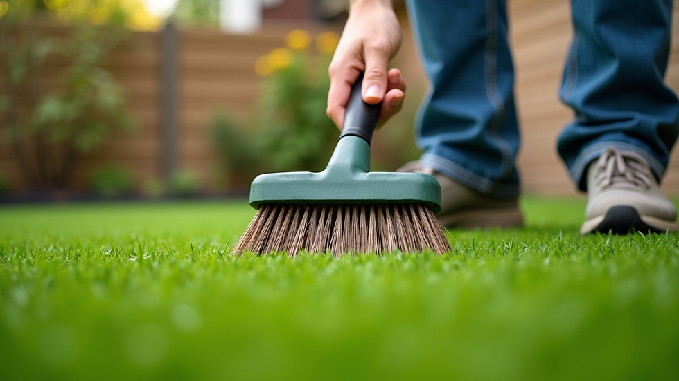 Eye-level view of a person brushing artificial turf in a backyard