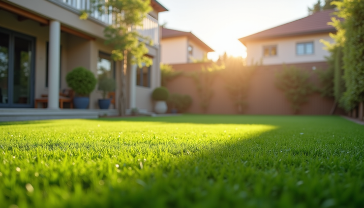 Eye-level view of freshly cleaned artificial turf in a residential backyard