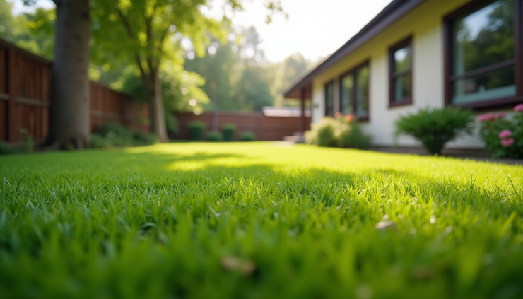 Eye-level view of a clean, green backyard with freshly maintained turf