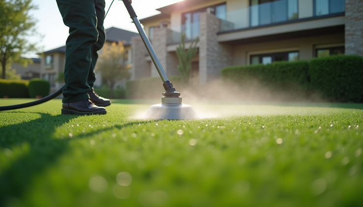 Close-up view of professional cleaning equipment on synthetic turf
