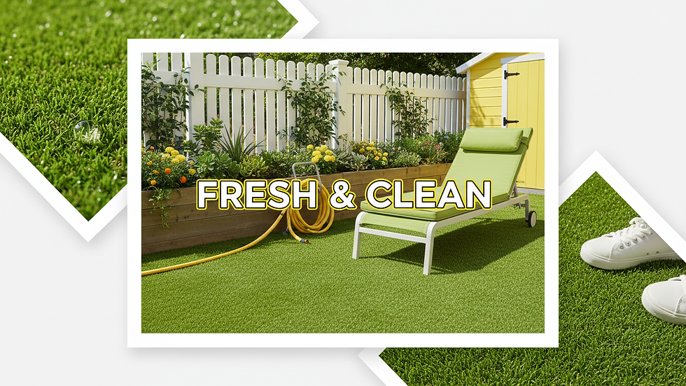 Eye-level view of a clean backyard with artificial turf and no pet waste