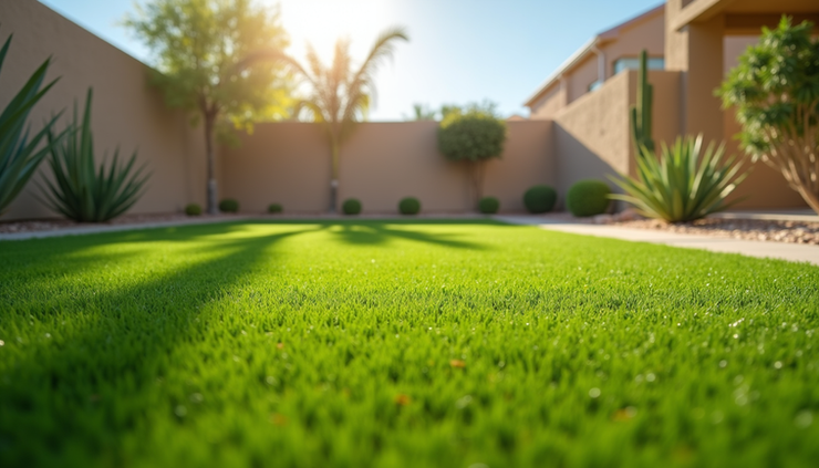 Eye-level view of a clean and vibrant artificial grass lawn in a Phoenix backyard