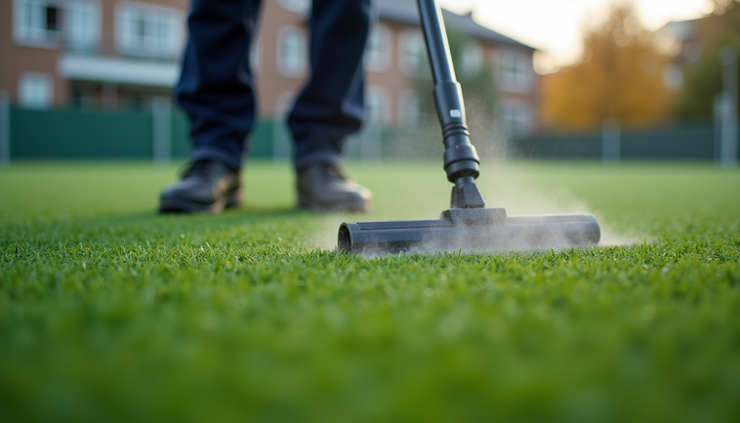 Close-up view of a technician from AZ Fresh Yard using specialized equipment to clean artificial turf
