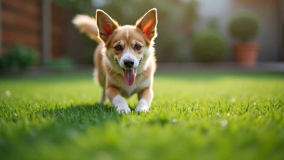 Close-up view of clean, fresh artificial grass with a dog playing