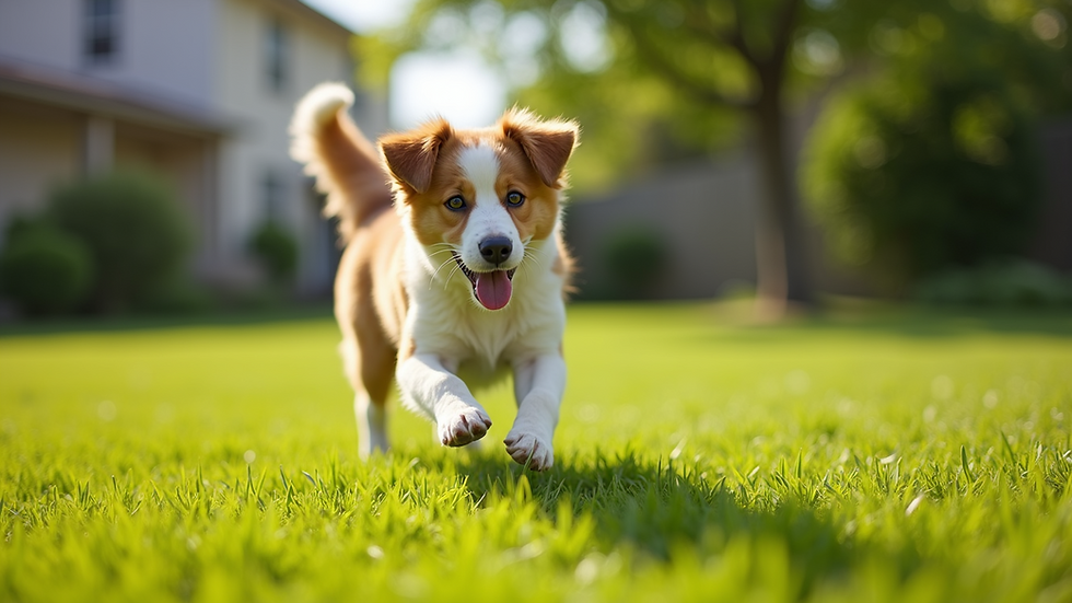 Close-up view of a freshly scooped yard, showcasing clean grass and a happy dog playing